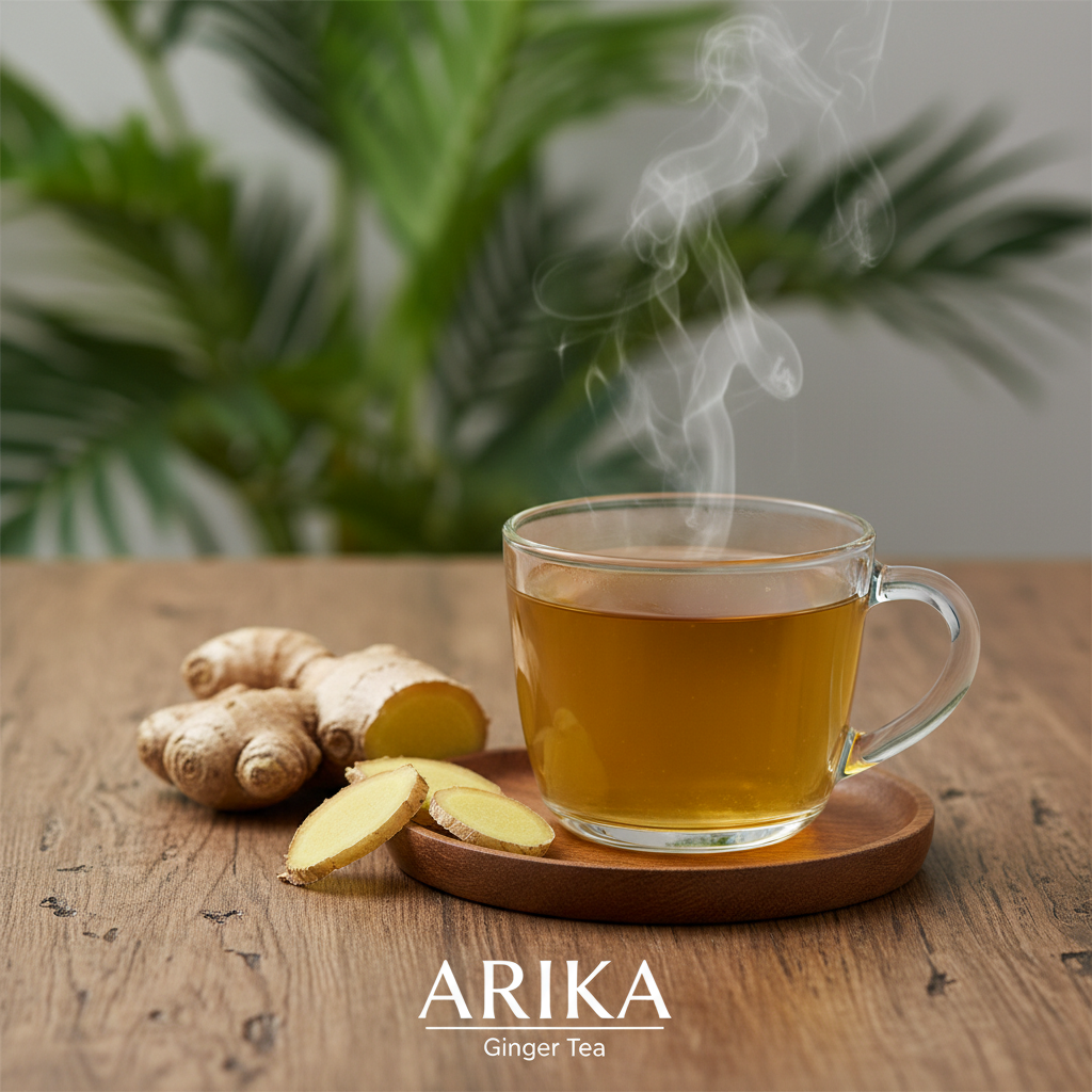 A glass cup of golden ginger tea with fresh ginger root slices on a wooden surface